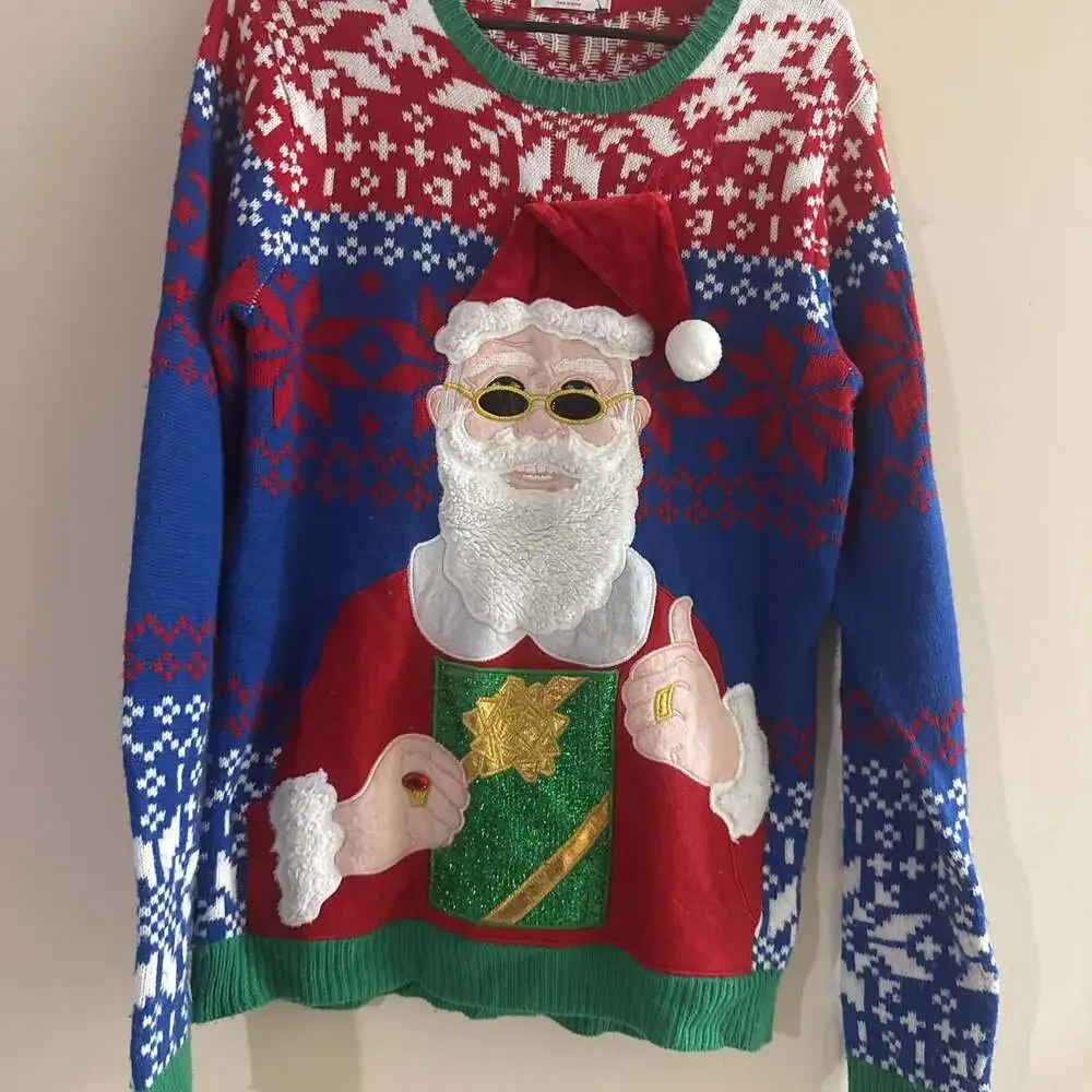 Ugly Christmas Sweater Santa with Shades & Gift Holiday Pullover S/M M-L S/M - Picture 4 of 5